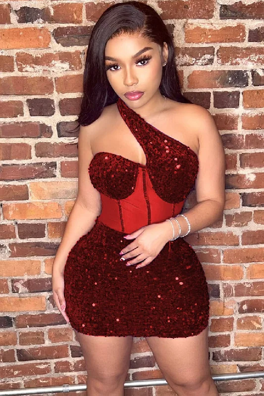 Sparkly One Shoulder Mesh Velvet Sequin Bodycon Party Mini Dress - Red Stylish Sweetheart Mini Dress