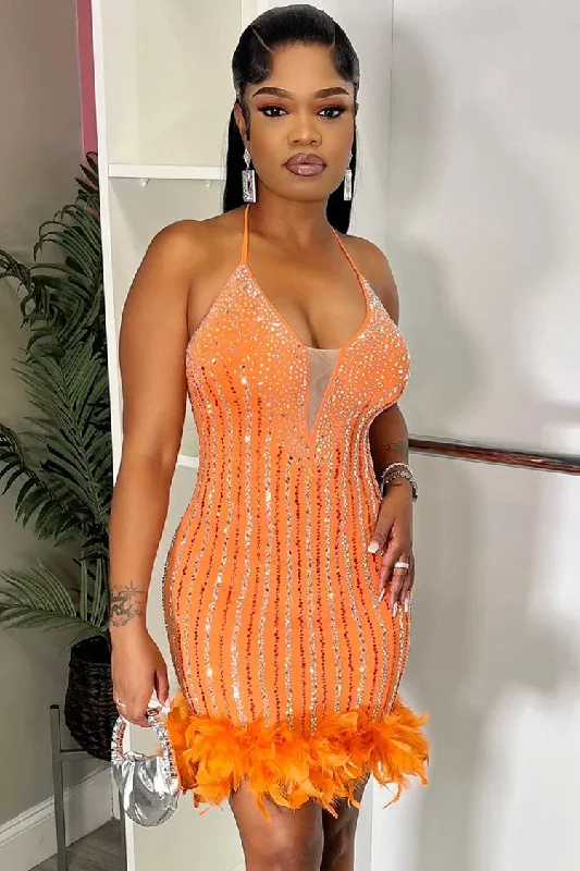 Sparkly Rhinestone Halter Neck Bodycon Feather Trim Party Mini Dress - Orange Fashionable A-Line Mini Dress