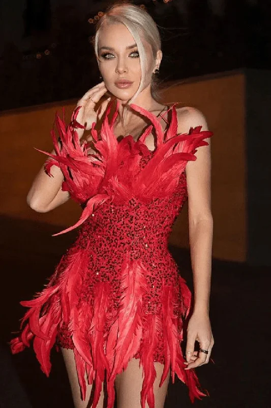 Sparkly Sequin Faux Feather Bodycon Strapless Party Mini Dress - Red Trendy Button-Detail Mini Dress