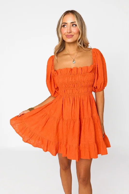 Spencer Puff Sleeve Mini Dress - Tangelo Stylish Summer Mini Dress