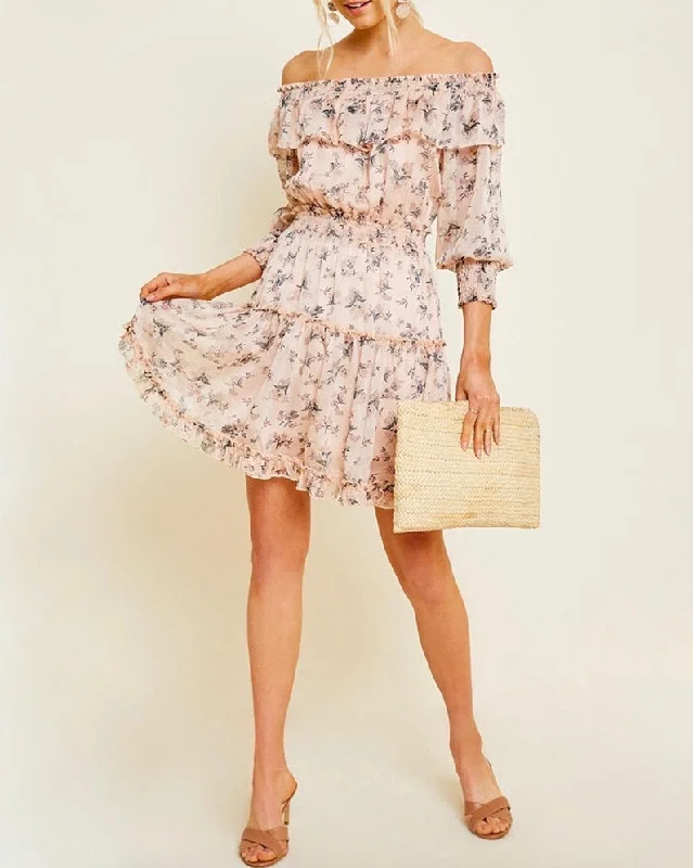 Sweet Talk Floral Off the Shoulder Mini Dress in Blush Chic Sleeveless Mini Dress