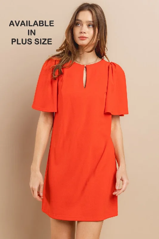 TANGERINE RUFFLED SHORT SLEEVES FRONT KEYHOLE PLUS SIZE MINI DRESS PDU52260SA Classic Striped Mini Dress
