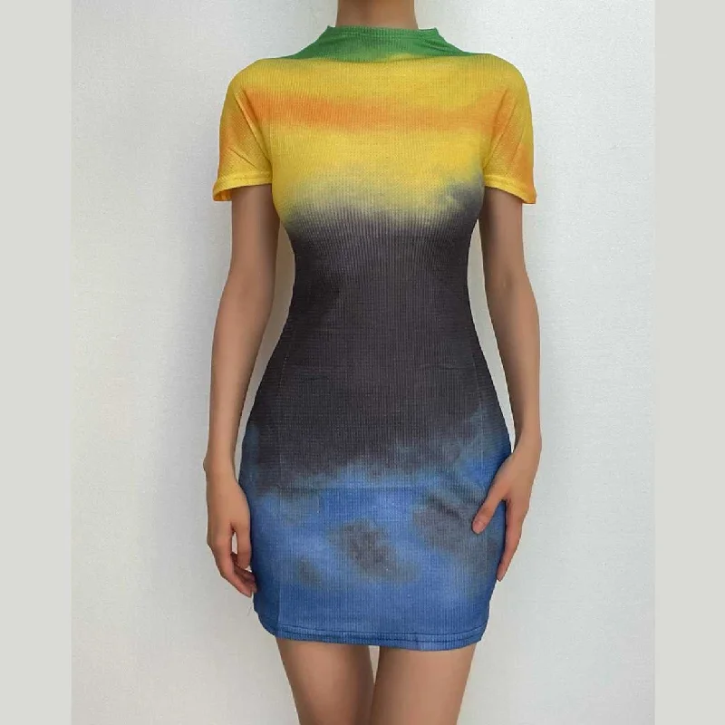 Tie dye contrast short sleeve crewneck mini dress- Final Sale Fashionable Mini Dress with Frills