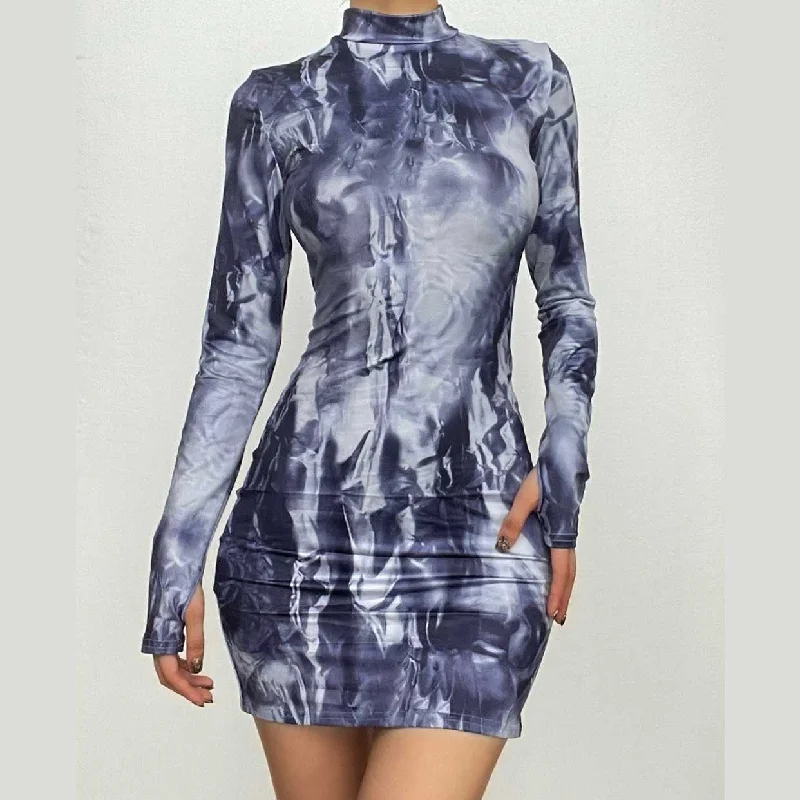 Tie dye long sleeve high neck gloves contrast mini dress Cozy Sweater Mini Dress