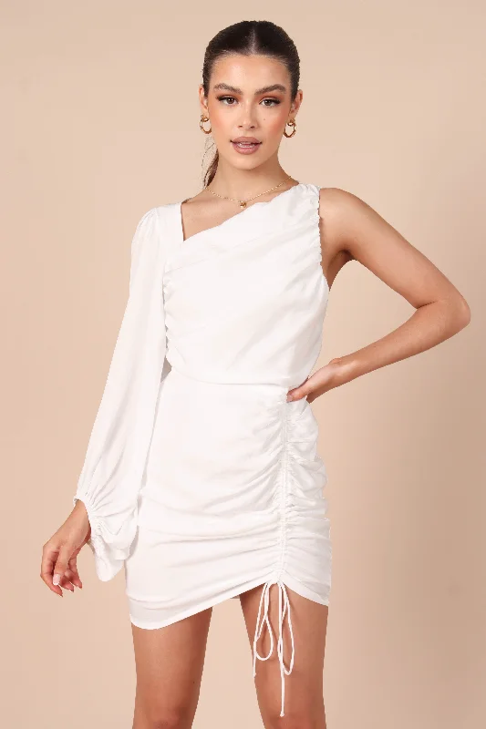 Toira One Shoulder Gathered Mini Dress - White Comfortable Linen Mini Dress
