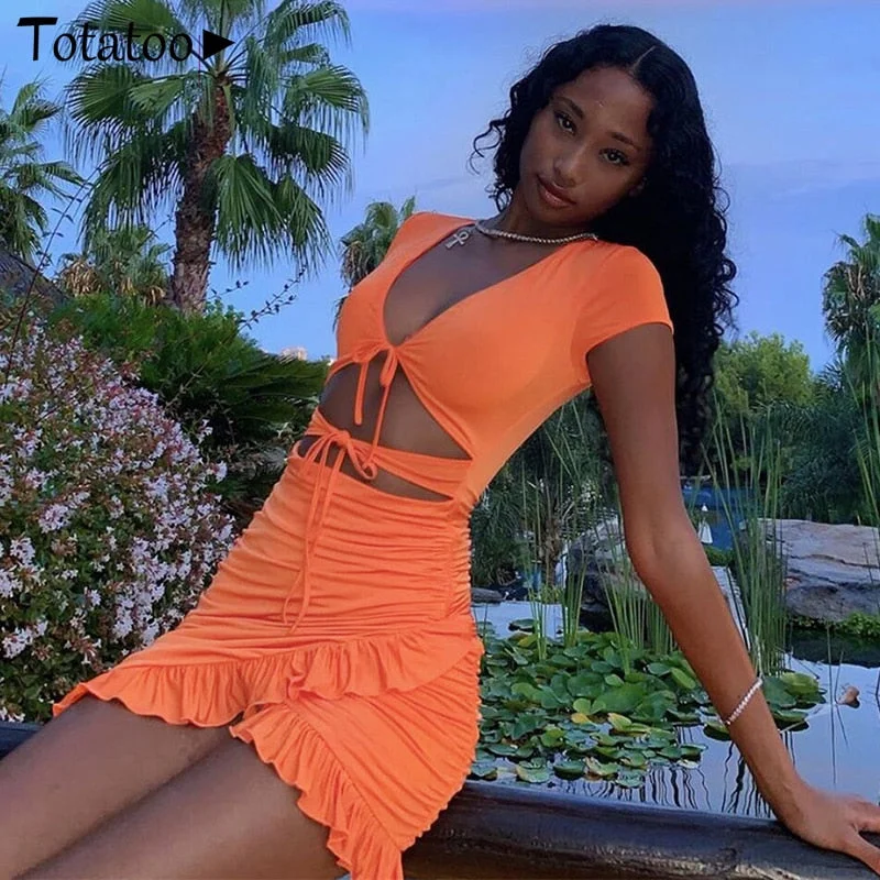 Totatoop Lace Up V Neck Ruched Bodycon Mini Dress Women 2020 Summer Hollow Out Ruffles Sundress Beachwear Vestidos Cozy Long Sleeve Mini Dress