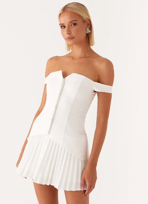 Twisted Skies Off Shoulder Mini Dress - Off White Cozy Satin Mini Dress