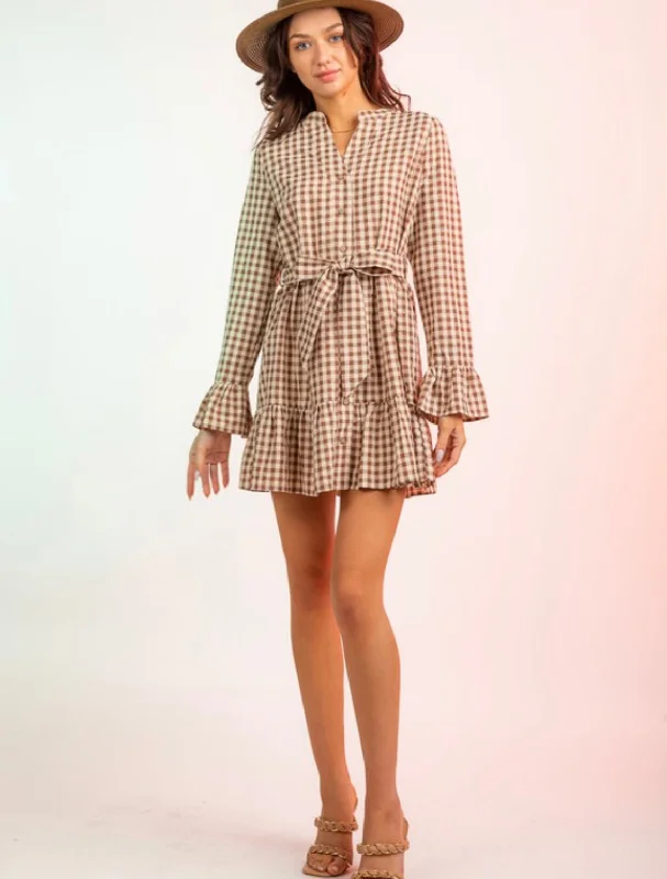 Long Sleeve Gingham Button Down Mini Dress Comfortable Linen Mini Dress