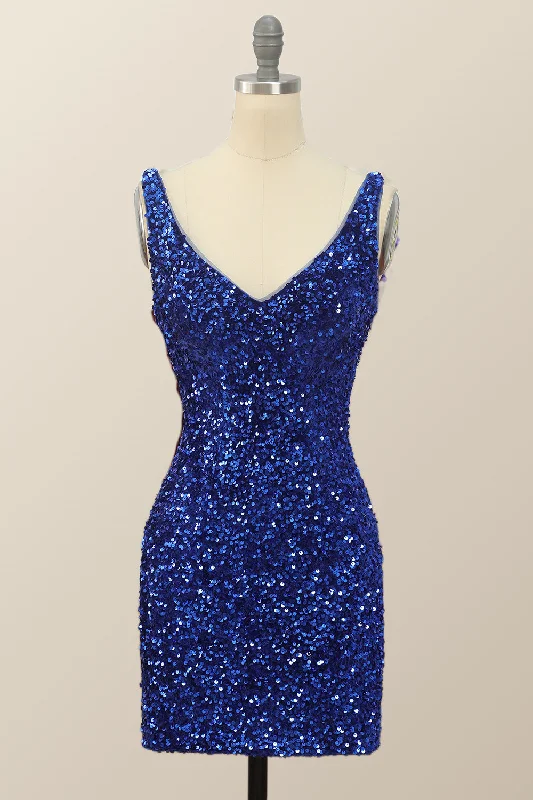 V Neck Royal Blue Sequin Bodycon Mini Dress Fashionable Pleated Mini Dress