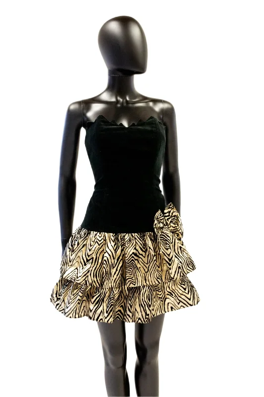 Vintage 1980s Black Gold Mini Dress Fashionable Button-Front Mini Dress