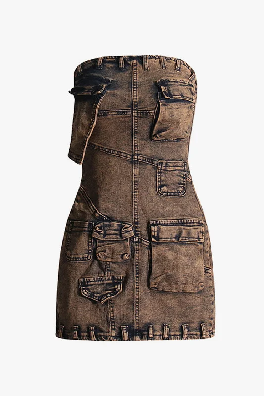 Vintage Belt Loop Trim Cargo Pocket Bodycon Strapless Denim Mini Dress Comfortable One-Shoulder Mini Dress