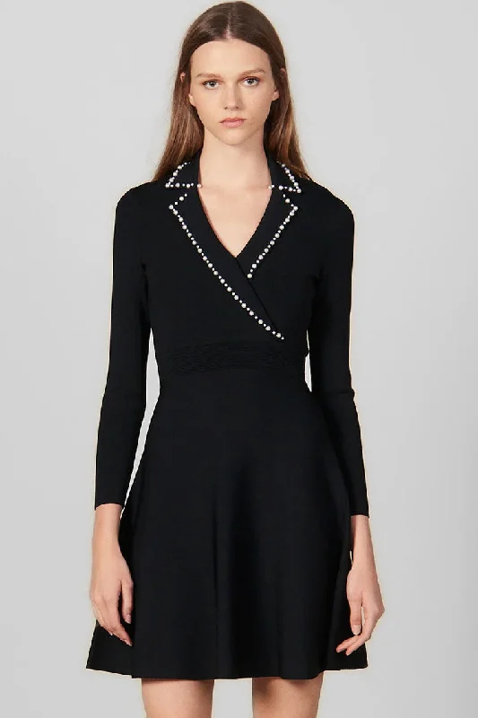 Vintage Pearl Lapel Long Sleeve Fit & Flare Sweater Mini Dress - Black Trendy Off-Shoulder Dress Mini