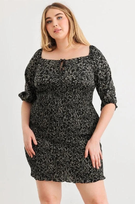 Plus Size Floral Smocked Puff Sleeve Tie Neck Mini Dress Trendy Bodycon Mini Dress