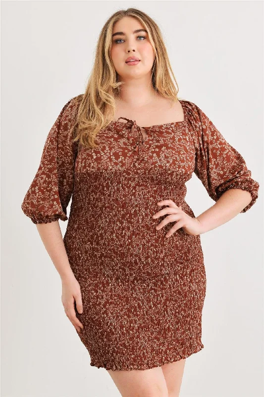 Plus Size Floral Smocked Puff Sleeve Mini Dress Comfortable Boho Mini Dress