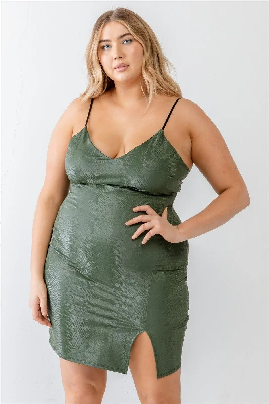 Plus Size Olive Snake Vegan Leather Strappy Mini Dress Fashionable Denim Mini Dress