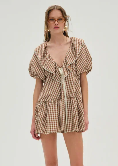 Gingerbread Gingham Mini Dress Trendy Crossover Mini Dress