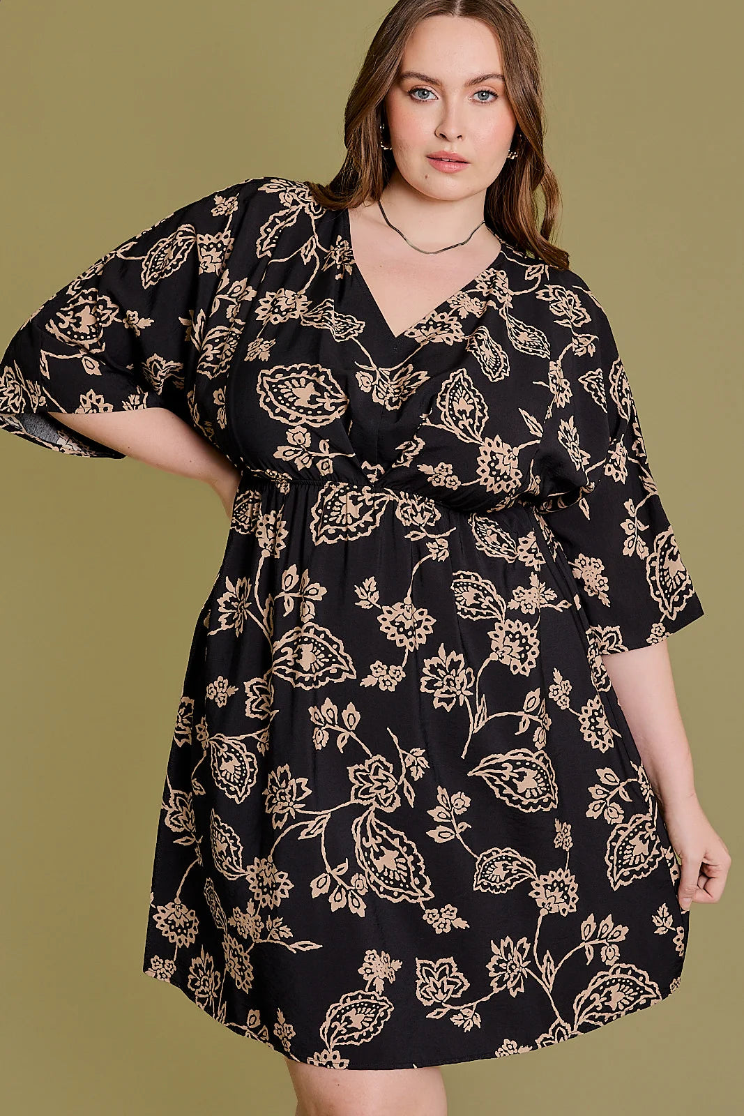 Plus Size Floral A-Line 3/4 Sleeve Mini Dress Trendy Button-Detail Mini Dress