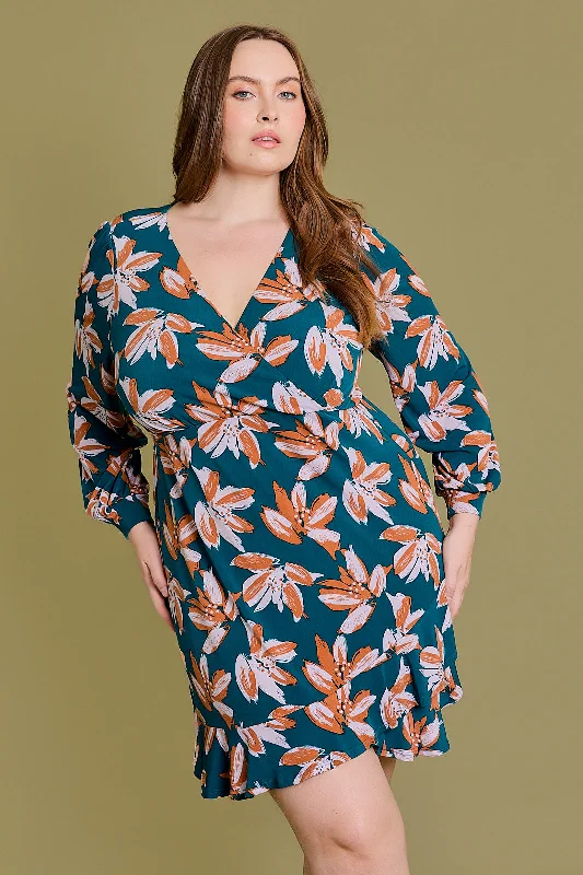 Plus Size Wrap Floral Long Sleeve Surplice Mini Dress Cozy Satin Mini Dress