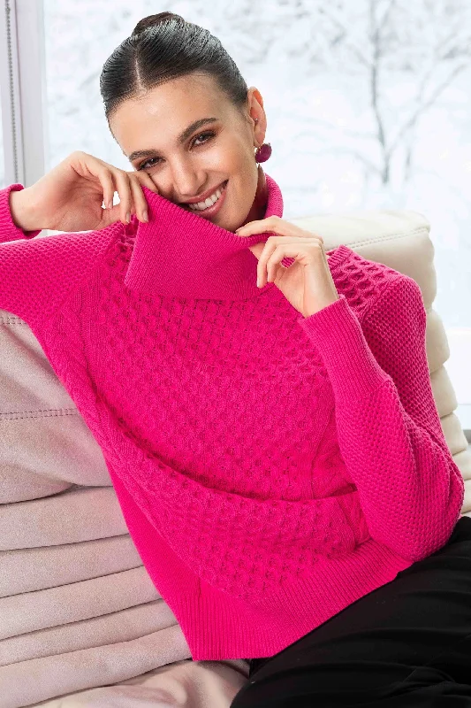 Alison Sheri A44032 Jumper Roll Neck Textured Knit Fuchsia Pink Print Jacquard Patchwork