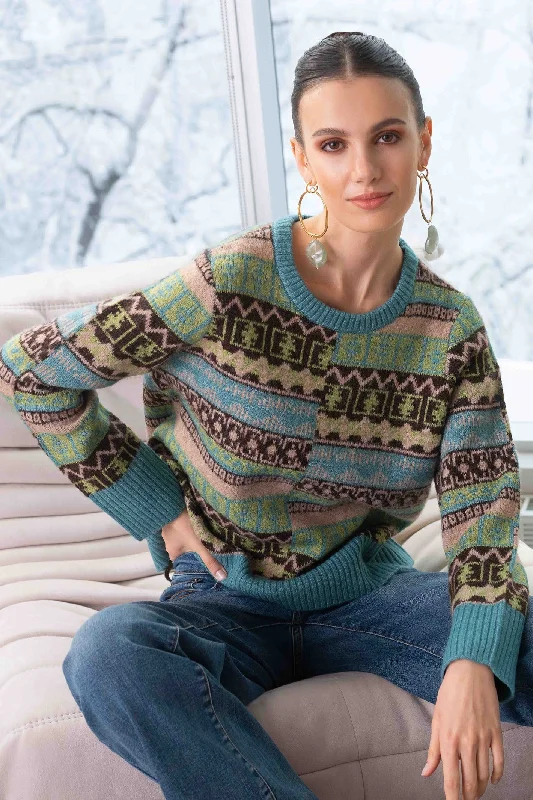 Alison Sheri A44105 Jumper Round Neck Patterned Duck Egg Blue Terry Blend Velvet Blend Canvas Blend