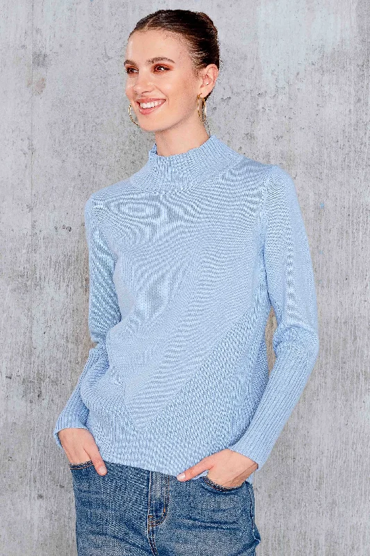 Alison Sheri A44145 Jumper Mock Neck Light Blue Ribbed Striped Patterned