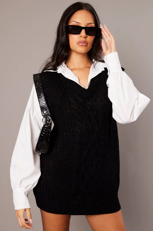 Black Knit Top Jumper Print Jacquard Patchwork