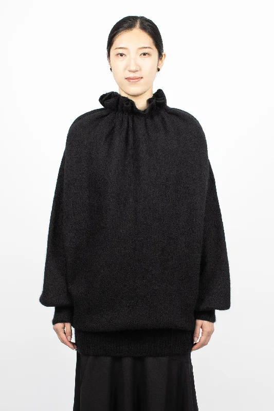 Gathered Pleated Neck Jumper Black Front Pockets Side Pockets Patch Pockets