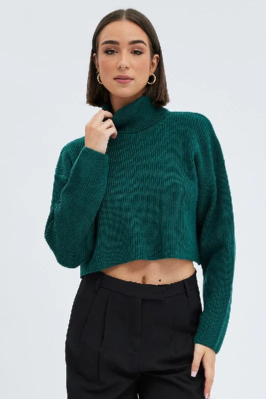 Green Knit Jumper Turtle Neck Crop Layered Multi-layer Single Layer