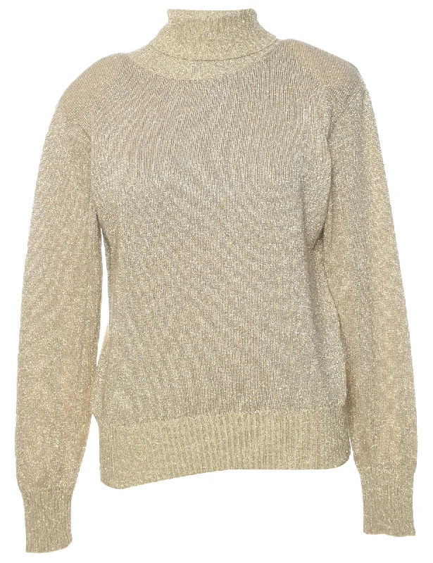 Lurex Thread Pattern Turtleneck Jumper - S Chenille Brocade Lace