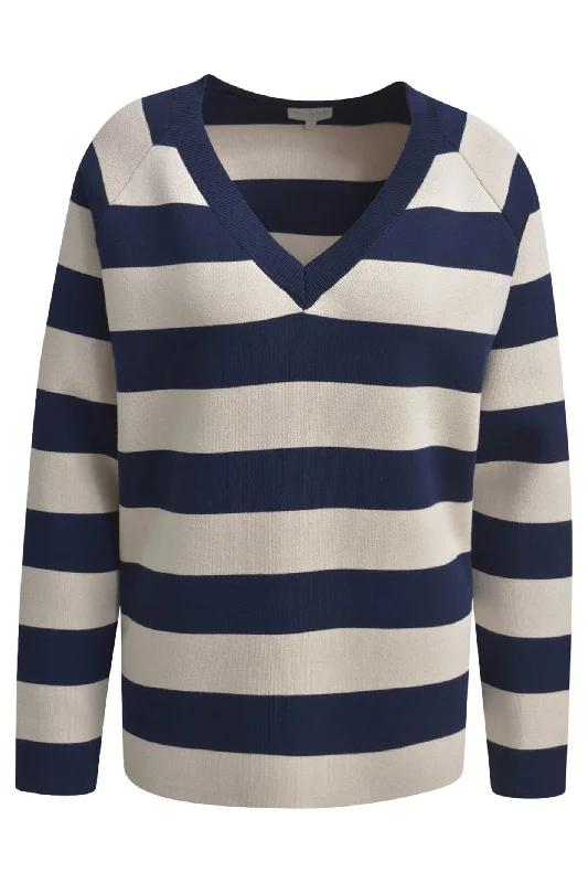 Milano 43-5048-9710 Navy Stripe V-Neck Jumper with Raglan Sleeves Chenille Fabric Brocade Fabric Lace Fabric