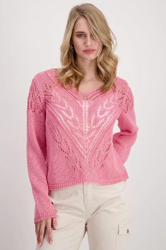 Monari 408455 Pink Smoothie Loose Knit V-Neck Jumper Hooded Sweater Collared Sweater Shawl Collar