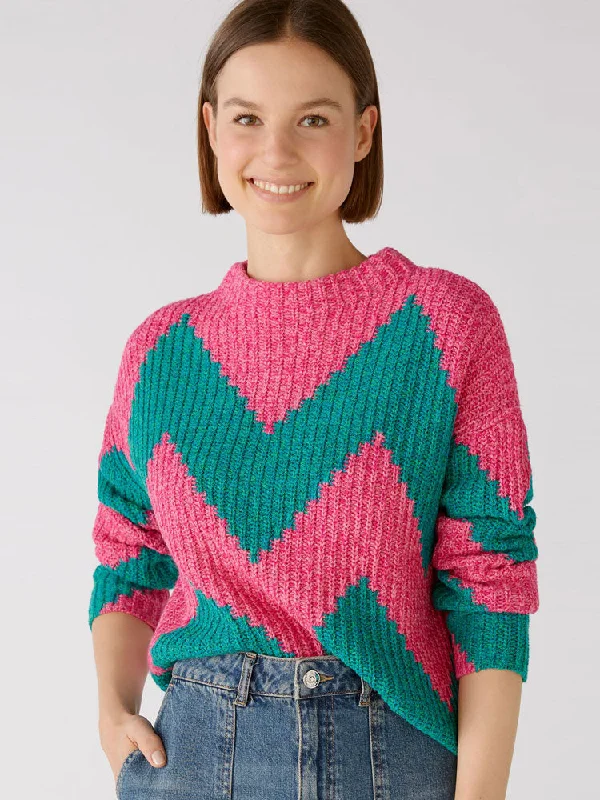 Oui Patterned Jumper Pink & Green Oversized Loose Flowy