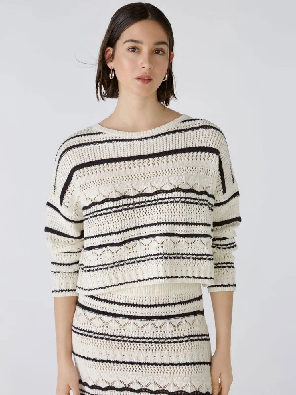 Oui Striped Jumper Off White & Black Front Pockets Side Pockets Patch Pockets