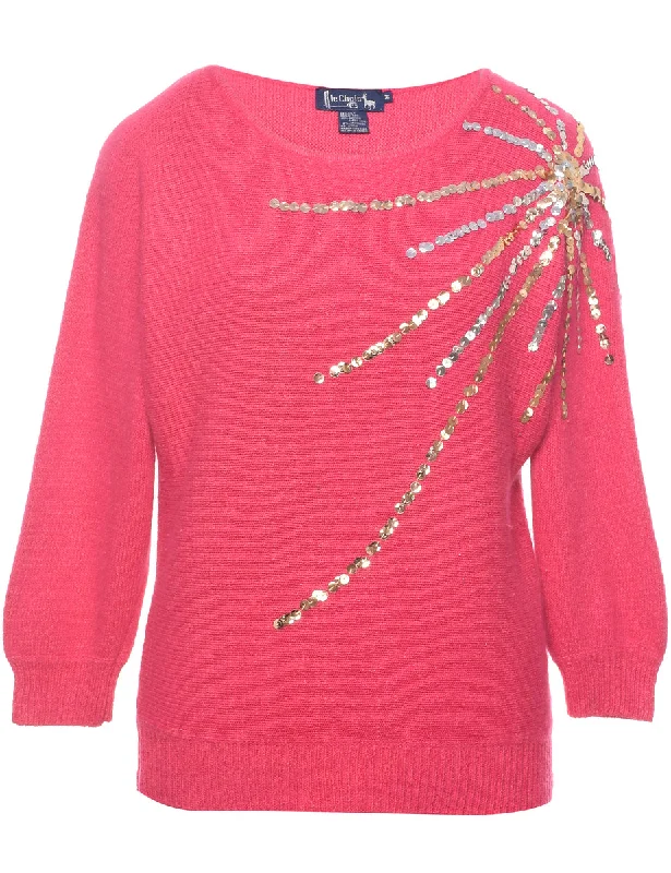 Sequined Pink Jumper - M Toggled Drawstring Belted