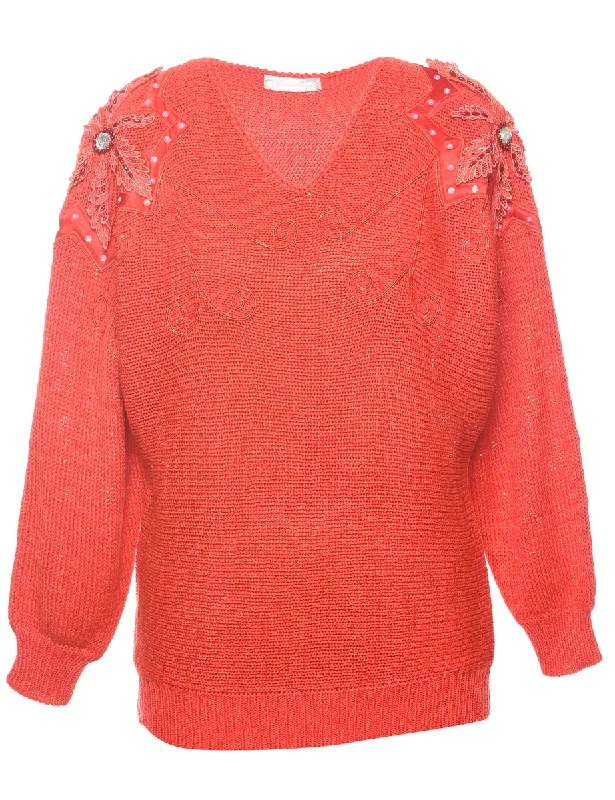 Sequined Red Jumper - L Wool Sweater Cotton Sweater Cashmere Sweater