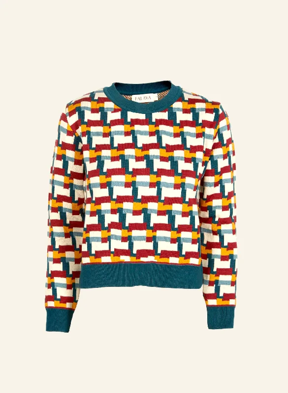 Unisex Esther Jumper - Teal Blocks Ribbed Striped Patterned