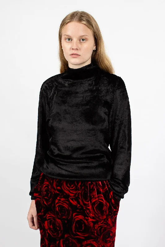 Velvet Effect Jumper Black Turtle Neck Boat Neck Asymmetrical Neck