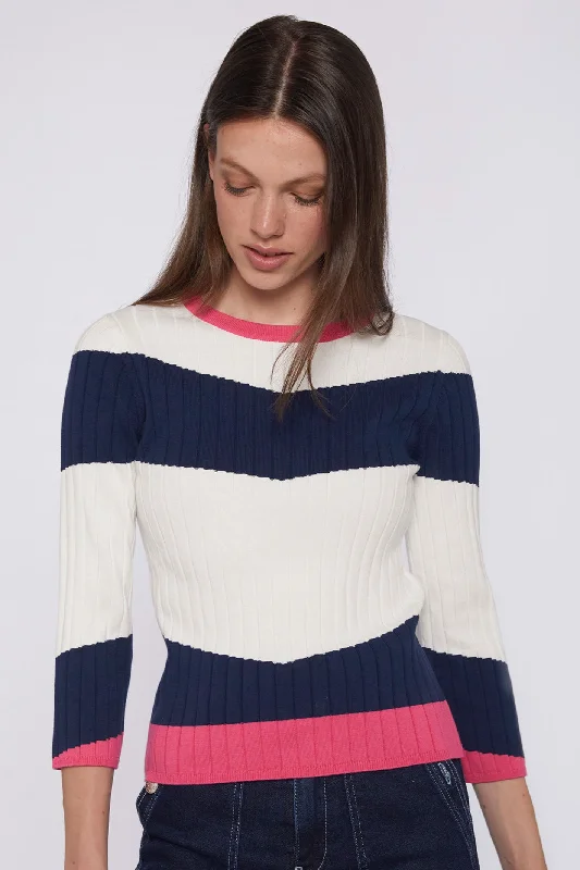 Vilagallo 30929 Canale Navy White Colour Block Ribbed Jumper Cashmere Blend Cotton Blend Poly Blend