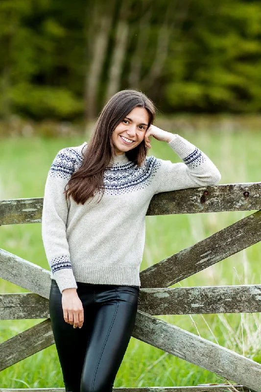 Womens Aviemore Yoke Fair Isle Jumper - beige Ribbed Striped Patterned