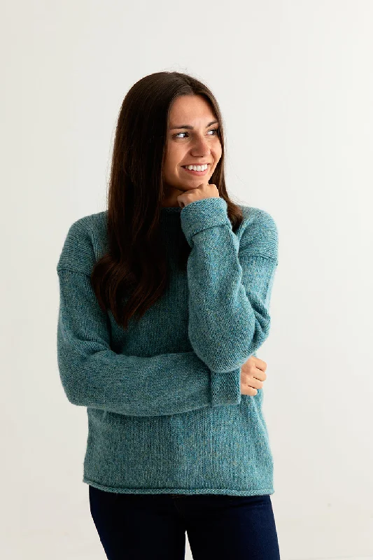 Womens Chunky cuffed jumper - light teal Cable Knit Ribbed Knit Lace Knit