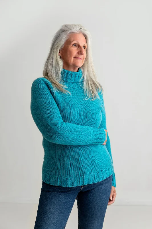 Womens Chunky Geelong Superfine Lambswool Polo Neck Jumper - Aqua Boxy Sweater Fitted Sweater A-Line