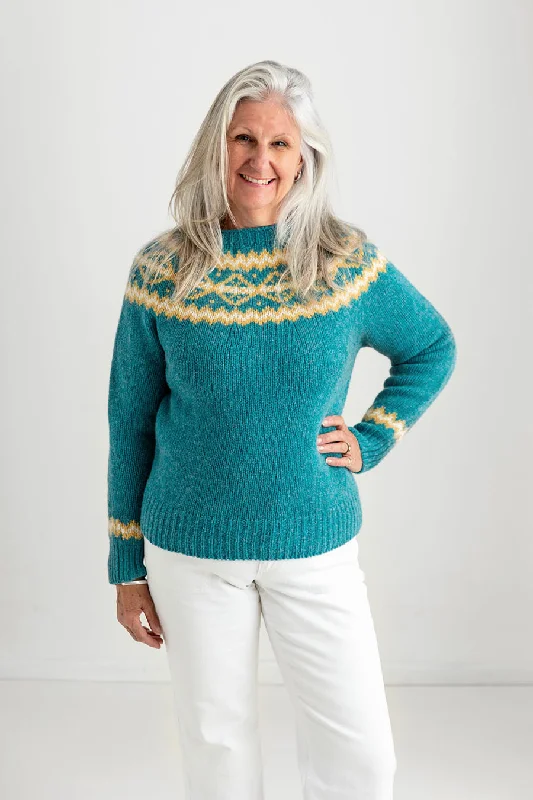 Womens Chunky Finnieston Yoke Fair Isle Jumper - Aqua Jersey Fabric Tulle Fabric Batik Fabric