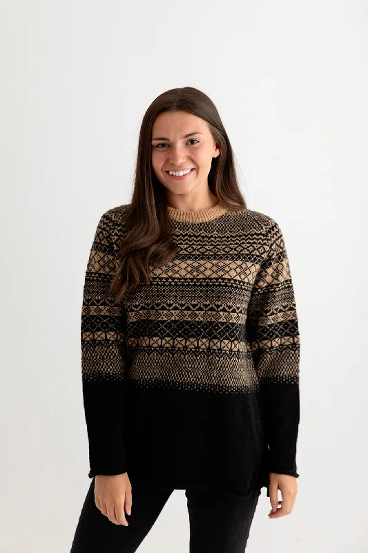 Womens Lace Fair Isle Tunic Jumper - Black Camel Denim Fabric Leather Fabric Suede Fabric