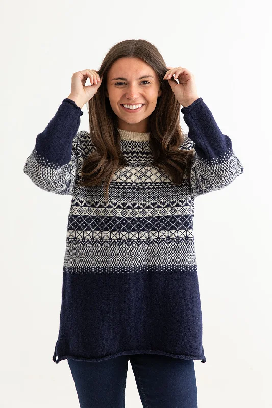 Womens Lace Fair Isle Tunic Jumper - navy Spandex Rayon Corduroy