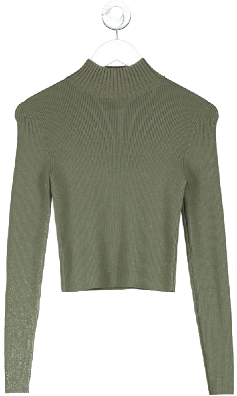 Alice + Olivia Green Senaida Cropped Lightweight Rib Mock Neck Jumper UK S/M Boxy Sweater Fitted Sweater A-Line