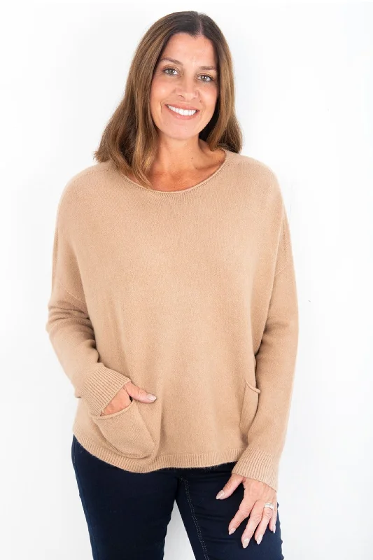 Amazing Woman Jodie 338 Latte Shake Beige Fine Knit Jumper With Pockets Striped Floral Plaid