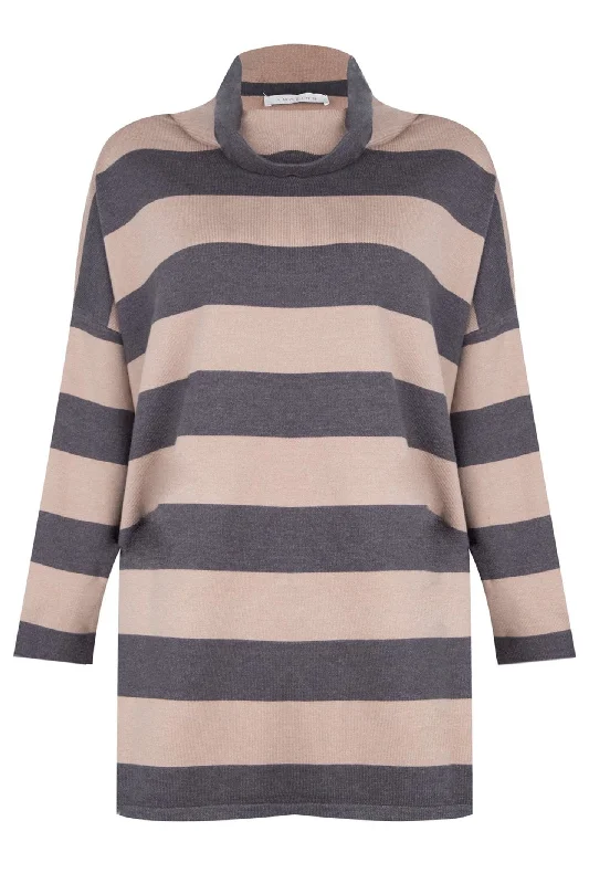 Amazing Woman Stina Charcoal Smoke Roll Neck Stripe Jumper Hooded Caped Shawl Collar