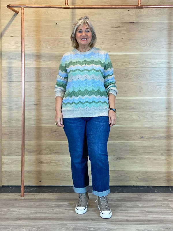 B Young ByMartine Zig Zag Jumper Green Mix Spandex Blend Rayon Blend Denim Blend