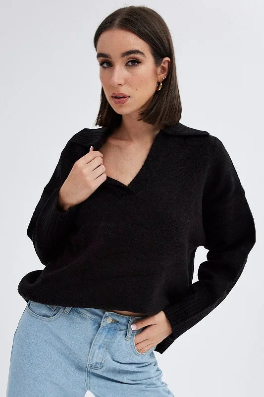 Black Collar Knit Jumper Stripe Long Sweater Short Sweater Cropped Sweater