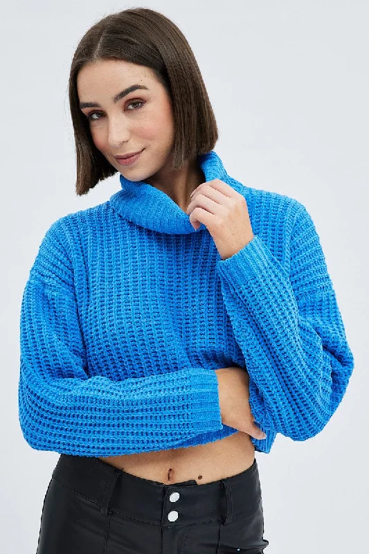 Blue Knit Jumper Turtle Neck Chenille Layered Multi-layer Single Layer